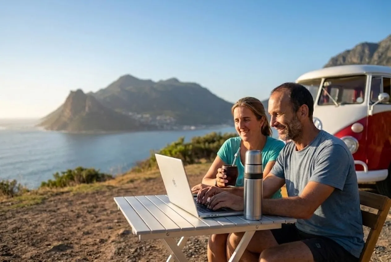 El equipo de BelkCar Informática trabajando con una notebook y mate junto a su combi, frente a un paisaje de costa y montaña, durante el trabajo remoto en ruta.